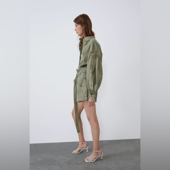 ZARA Women's Green Snap Button Puff Sleeve Denim Shacket Oversized Shirt - Picture 6 of 15